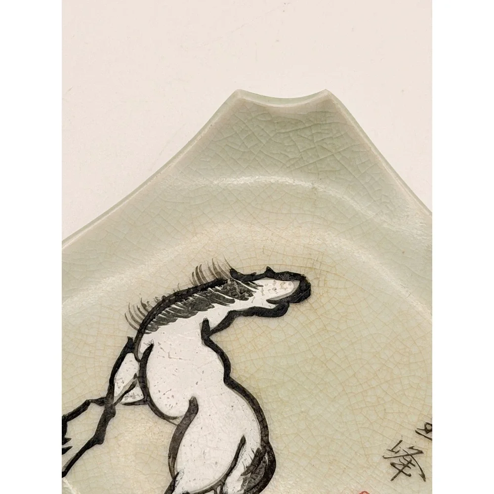 Vintage Celadon Crackle Glaze Horse Trinket Dish Asian Hand Painted Square Plate